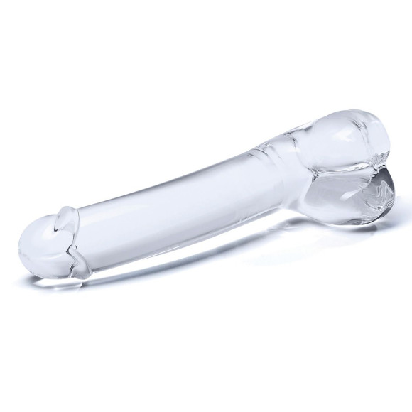 Прозрачный стеклянный фаллос с мошонкой Curved G-Spot - 18 см.