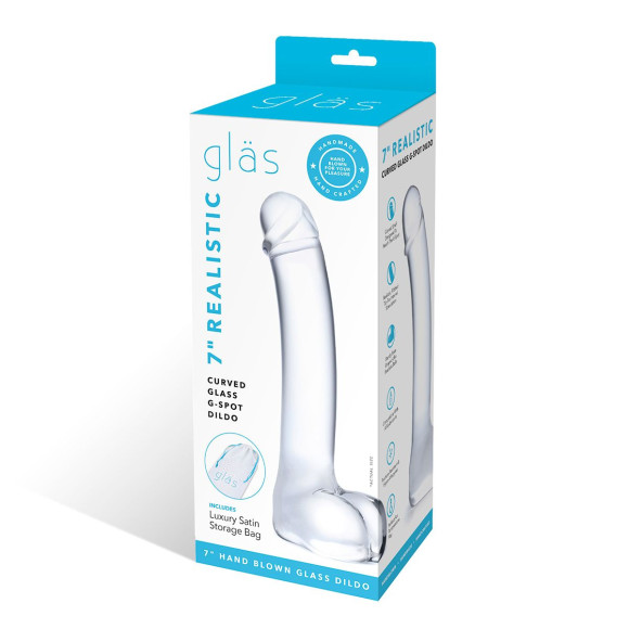 Прозрачный стеклянный фаллос с мошонкой Curved G-Spot - 18 см.