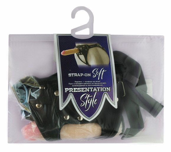 Черный пояс-трусики с двумя телесными насадками Soft-Dolli - 15,7 и 10 см.