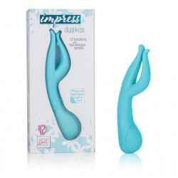 Голубой вибромассажер Impress Dual Kiss со стимуляцией клитора - 15 см.