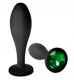 Черная анальная пробка с зеленым кристаллом - 7,7 см.