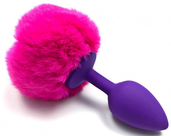 Фиолетовая силиконовая анальная пробка с розовым хвостиком зайки