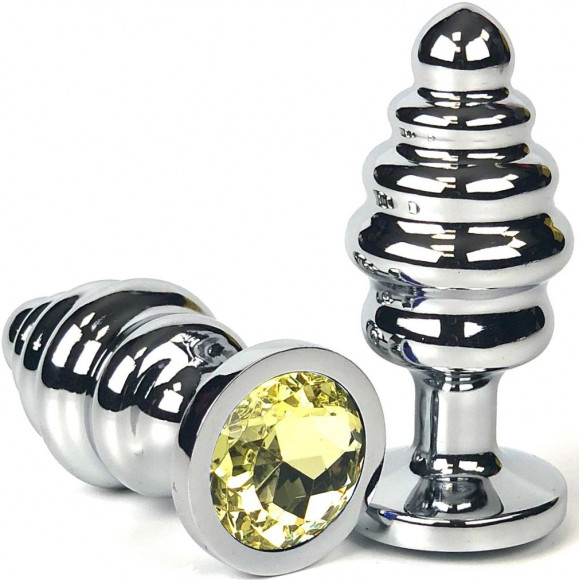 Серебристая ребристая анальная пробка с желтым кристаллом - 8 см.
