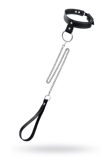 Черный узкий однослойный ошейник с серебристым поводком-цепочкой
