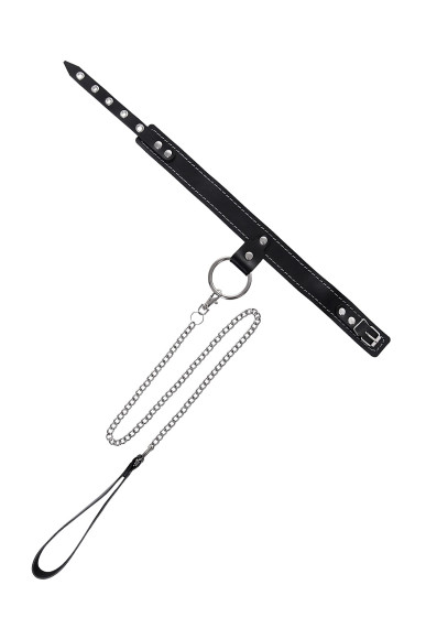 Черный узкий однослойный ошейник с серебристым поводком-цепочкой