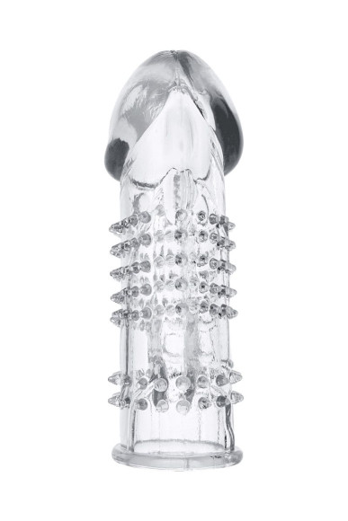 Прозрачная гелевая насадка с шипами и клиторальным отростком - 13 см.