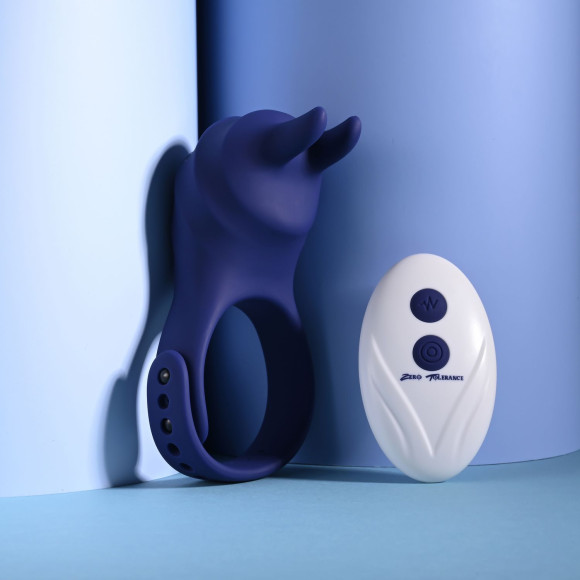 Синее эрекционное виброкольцо с клиторальной подушечкой и пультом ДУ Adjustable Fun Ring