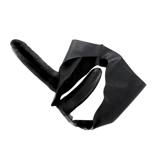 Чёрный латексный страпон с вагинальной пробкой STRAP ON WITH DOUBLE DILDO TWO TIMES LATEX - 16 см.