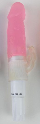 Розовый мини-вибратор с клиторальным отростком - 17 см.