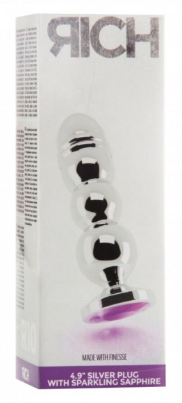 Серебристая фигурная анальная пробка R10 RICH Gold/Purple с фиолетовым кристаллом - 14,5 см.