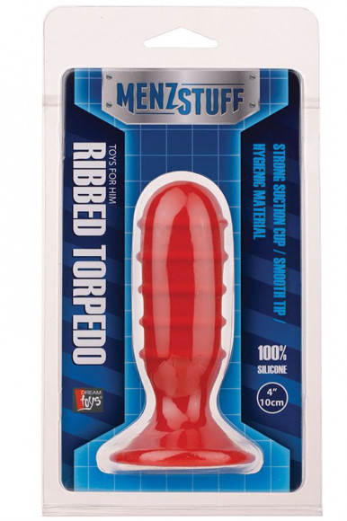 Красная ребристая пробочка из силикона MENZSTUFF RIBBED TORPEDO PLUG  - 10 см.