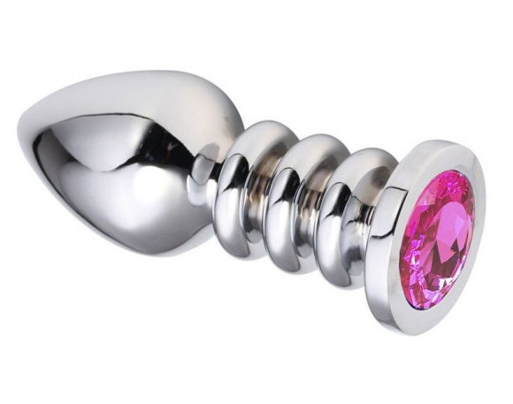 Серебристая анальная пробка на рельефной ножке с розовым кристаллом - 9,5 см.