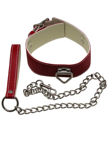 Красный ошейник с металлическим поводком и замочком