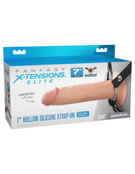 Телесный полый страпон на черных ремнях Hollow Silicone Strap-on - 17,8 см.