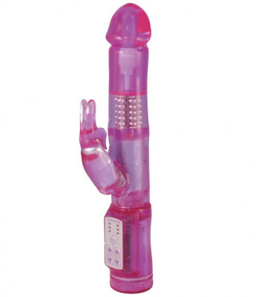 Розовый вибромассажёр с вращающимися шариками и клиторальным зайчиком GOOD VIBES SLIM PURPLE VIBE - 26 см.