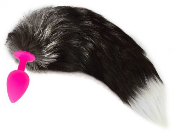Ярко-розовая силиконовая анальная пробка с длинным лисьим хвостом