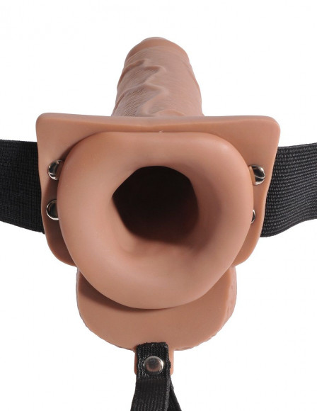 Кофейный полый страпон с имитацией эякуляции 7.5  Hollow Squirting Strap-On with Balls - 21,6 см.